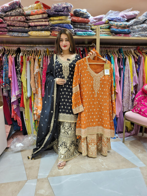Sharara suit with fully embroidered neckline along with booties all over the shirt with zari work on Sharara along with dupatta