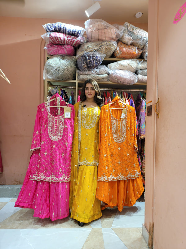 Sharara suit with all over zari work, pearl work and handwork on shirt and sharara with booties all over the dupatta