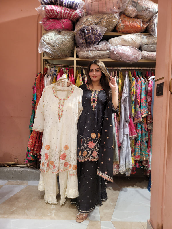 Sharara suit with all over embroidery, moti work and handwork on the shirt and Sharara with beautiful work on dupatta