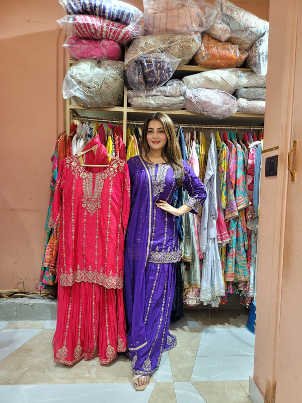 Sharara suit with all over zari work, moti work and handwork on the shirt and Sharara with beautiful dupatta