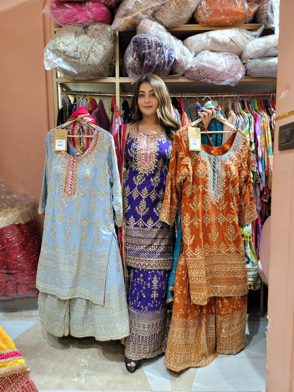 Sharara Suit with all over weaving, handwork, mirror work and moti work on the shirt and Sharara with contrast dupatta