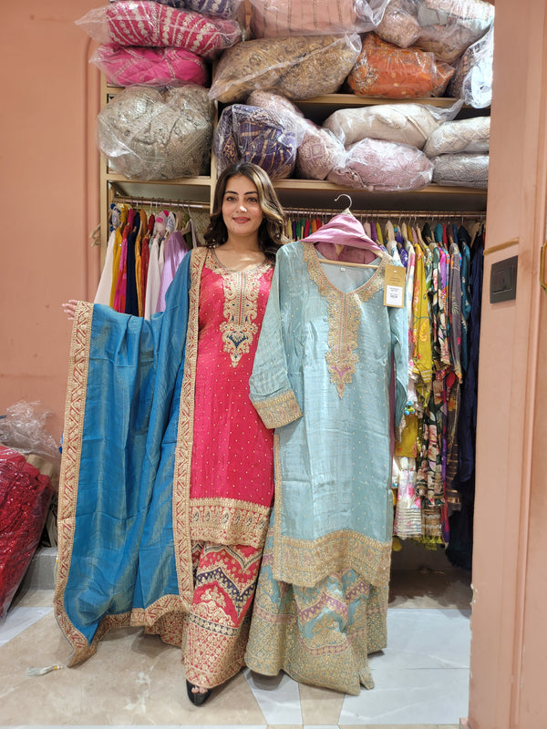 Sharara suit with all over weaving and handwork on the shirt and Sharara with contrast dupatta (Copy)