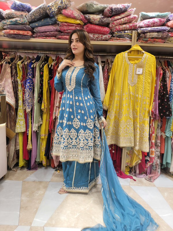 Sharara Suit with all over zari work, moti work and handwork on the shirt with sharara and dupatta