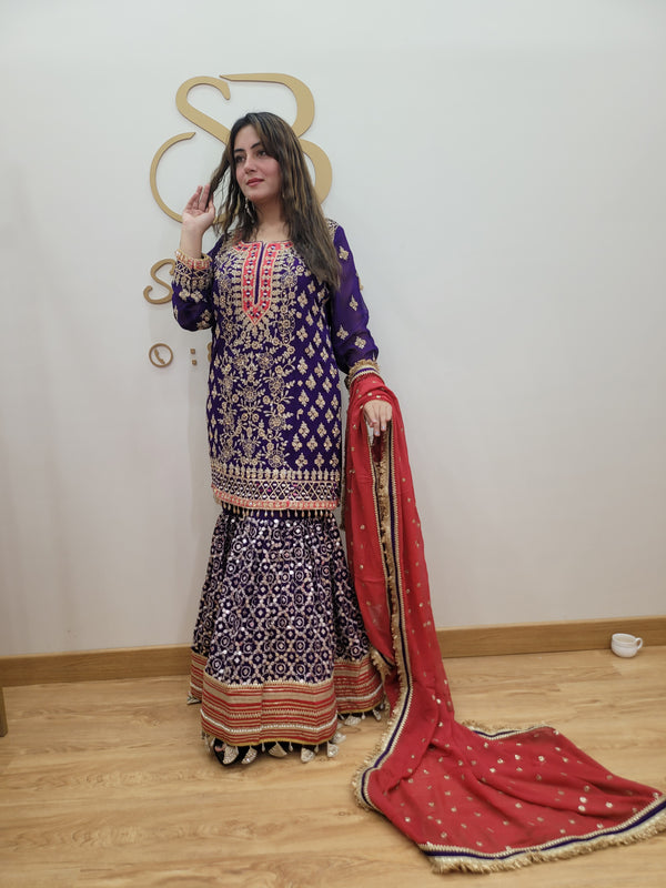 Sharara Suit with all over zardozi work, mirror work, moti work and hand work on shirt and Sharara with beautiful work on the dupatta