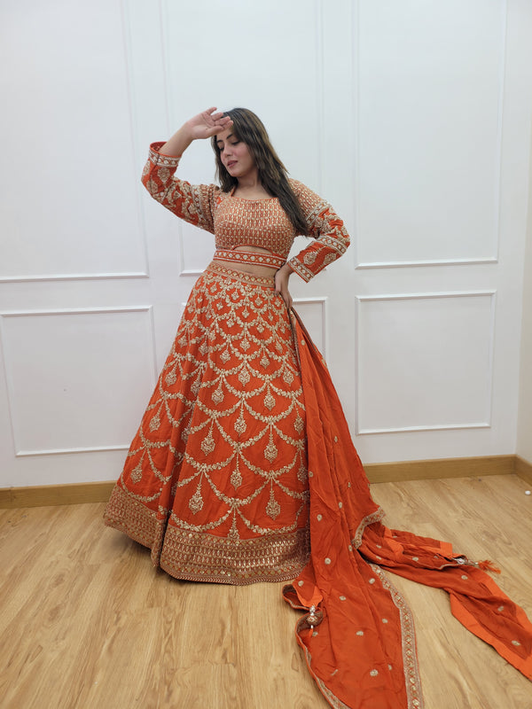 Lehnga with all over weaving, pearl work and handwork on the blouse and Lehnga with booties all over the beautiful dupatta