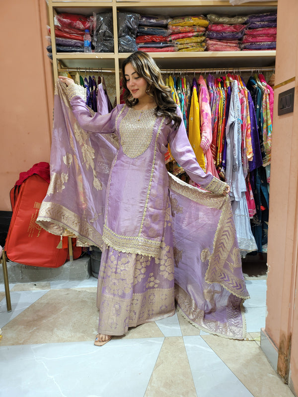 Sharara suit with all over zari work, moti work and handwork on the shirt and Sharara with beautiful dupatta