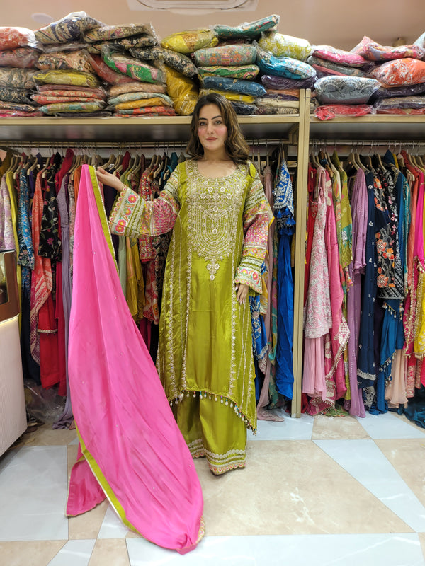 Suit with all over work and Contrast dupatta