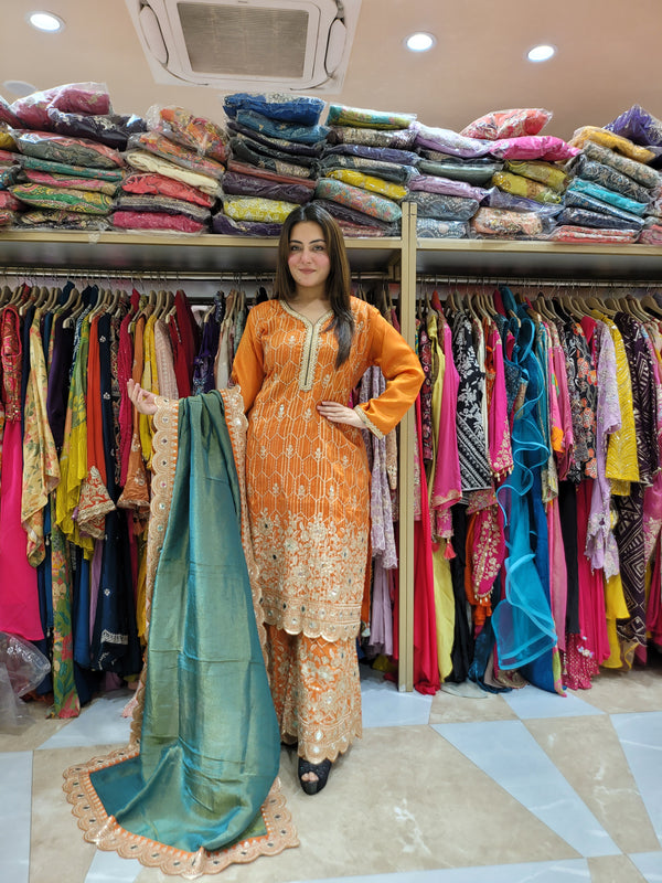 Sharara suit with all over work on Shirt and sharara with contrast dupatta