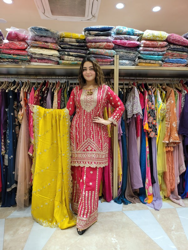 Sharara suit with all over work on Shirt and sharara with contrast dupatta