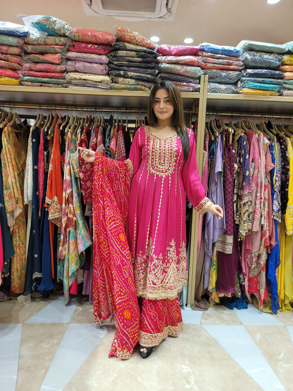 Sharara suit with all over work on Shirt with digital printed sharara and dupatta