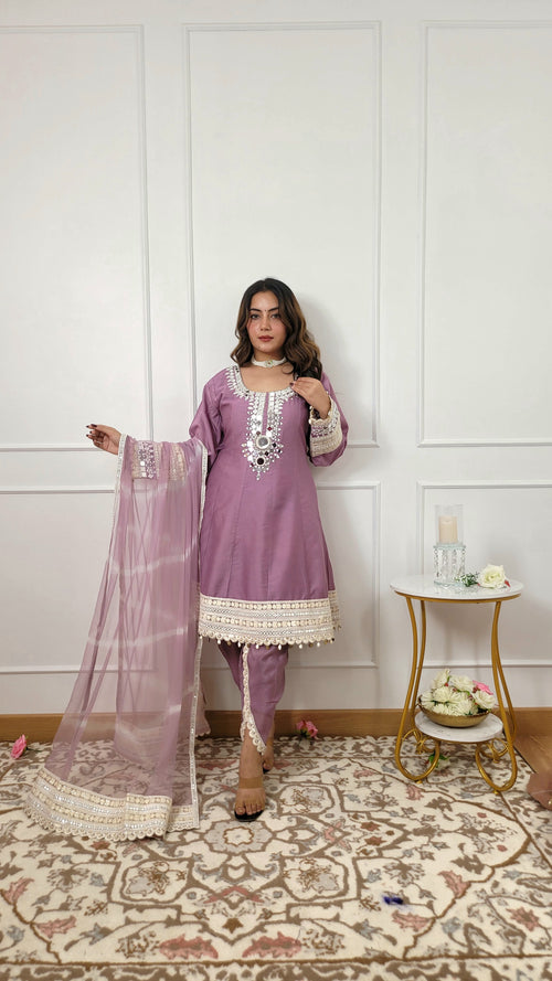 Silken Tulip Suit - Pure Silk Chanderi Fabric