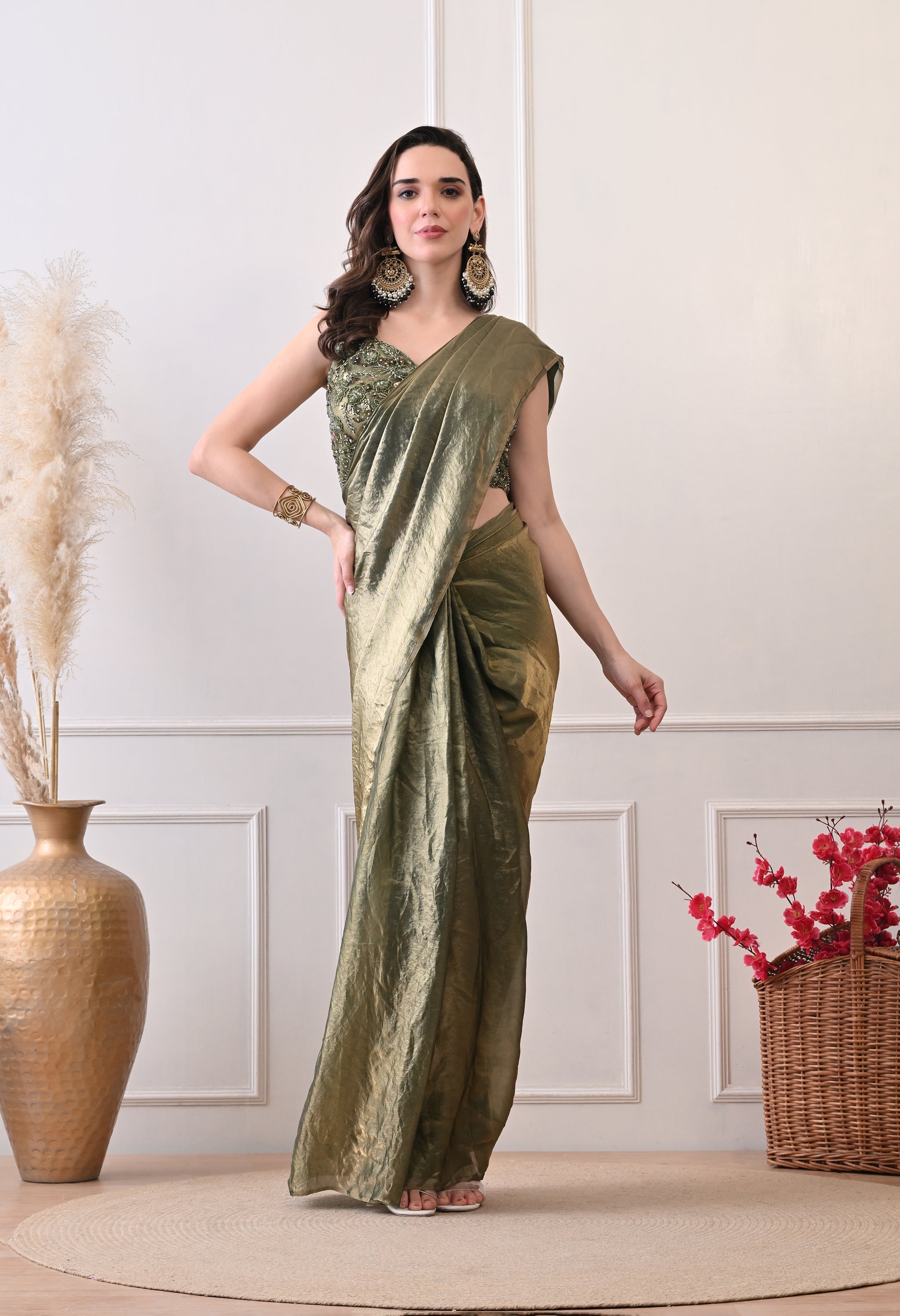 Begumj Olive Aura Predraped Saree - Pure Tissue – Begum Shop