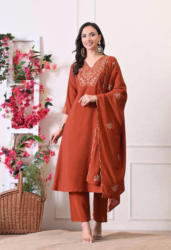 Sunset Rust Suit - Pure Mul Chanderi