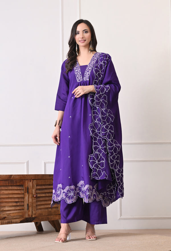 Purple Petals Suit - Pure Mul Chanderi