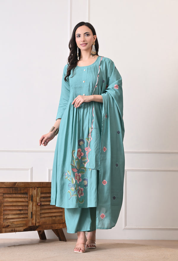 Teal Whisper Suit - Pure Mul Chanderi