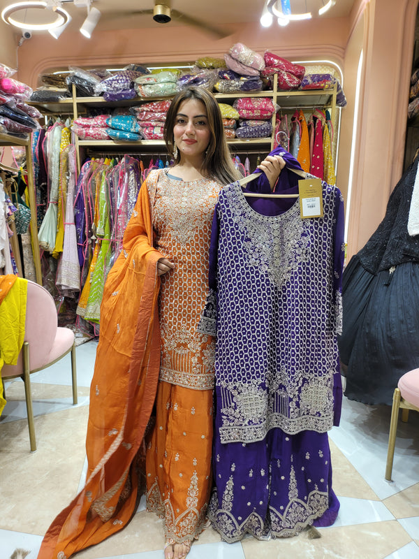 Sharara suit with all over zardozi, moti work and zari work on the shirt and Sharara with booties all over dupatta