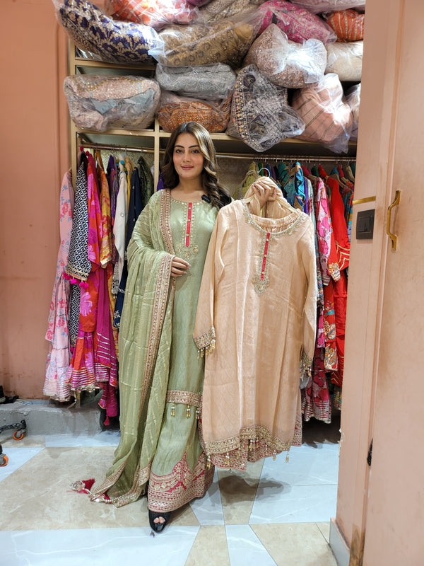 Sharara suitt with all over handwork and motiwork on the Shirt with work on Sharara and beautiful dupatta
