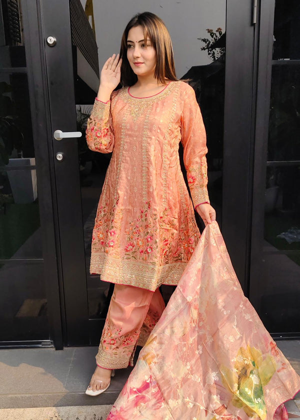 Peplum style Suit with all over embroidery work and trouser