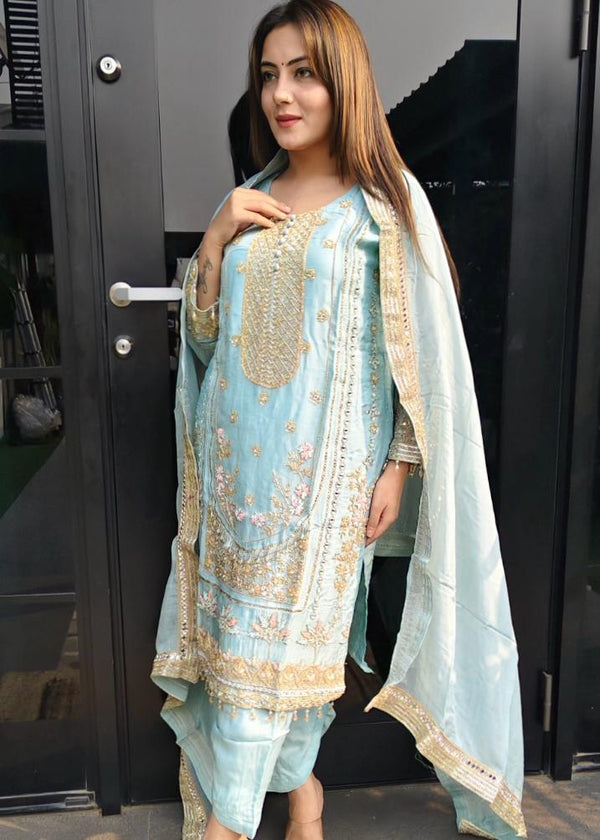 Straight Suit with all over zari work and tulip pants